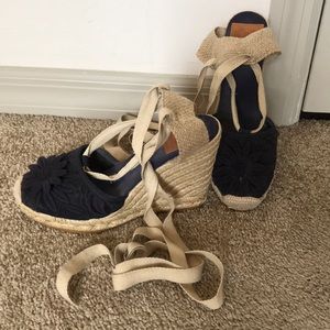Tory Burch navy/tan wedge espadrille